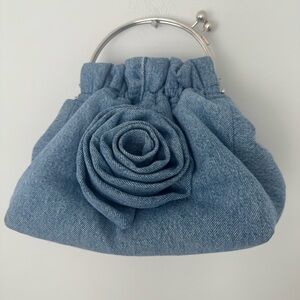 Vintage Y2K Denim Rosette Handbag 3D Flower Silver Top Handle Coquette Purse